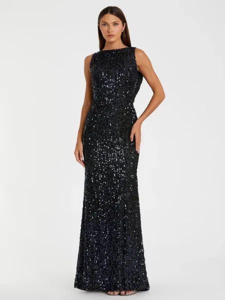Petite Navy Cowl Back Boat Neck Sequined Evening Gown